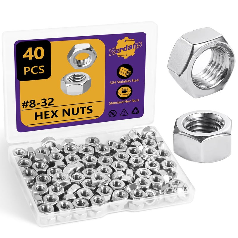 ZerDans #8-32 Hex Nuts, 40Pcs 304 Stainless Steel Metal Standard Inch Hexagonal Nuts Hardware Set for Bolt for Furniture, Automotive, Industry and Construction, Full Thread - Image 1